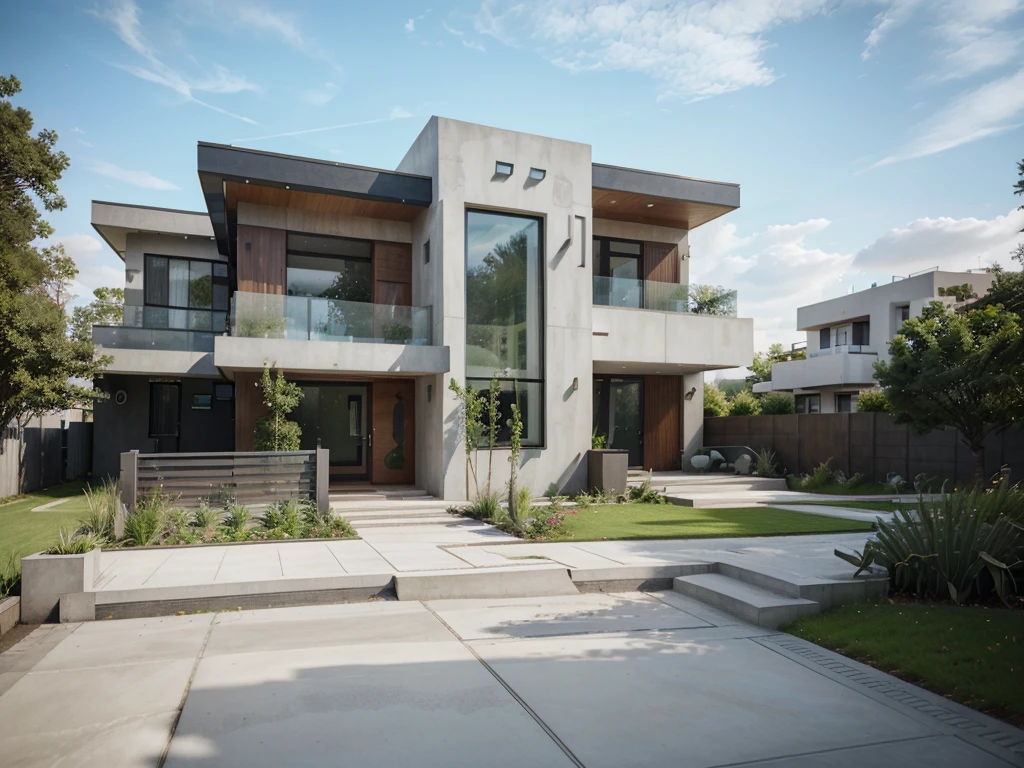 a rendering of a modern house with a large garden and a walkway, exterior design, high quality rendering, lumion rendering, architectural visualization, contemporary house, beautiful rendering, Lumion render, architectural rendering, very realistic render, neotraditional modern, highly realistic unreal engine, concept house, beautifully detailed render, front view dramatic, residential design, super realistic render Vary