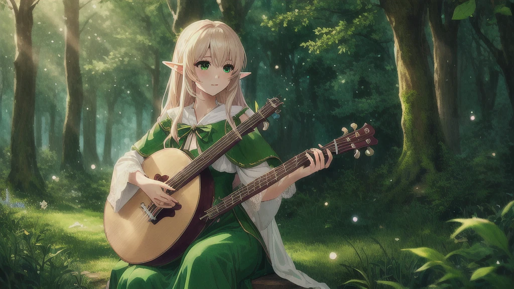 Anime girl playing banjo in the woods, Elven bard of the forest playing the lute, Elf Girl, elf forest background, Anime Rush John 8k Woods, Elf Princess, beautiful wood elf, forest soul, Fantasy-style anime, anime art wallpaper 4k, anime art wallpaper 4k, Elf Princess, Beautiful anime portraits, Anime Art Wallpapers 8K