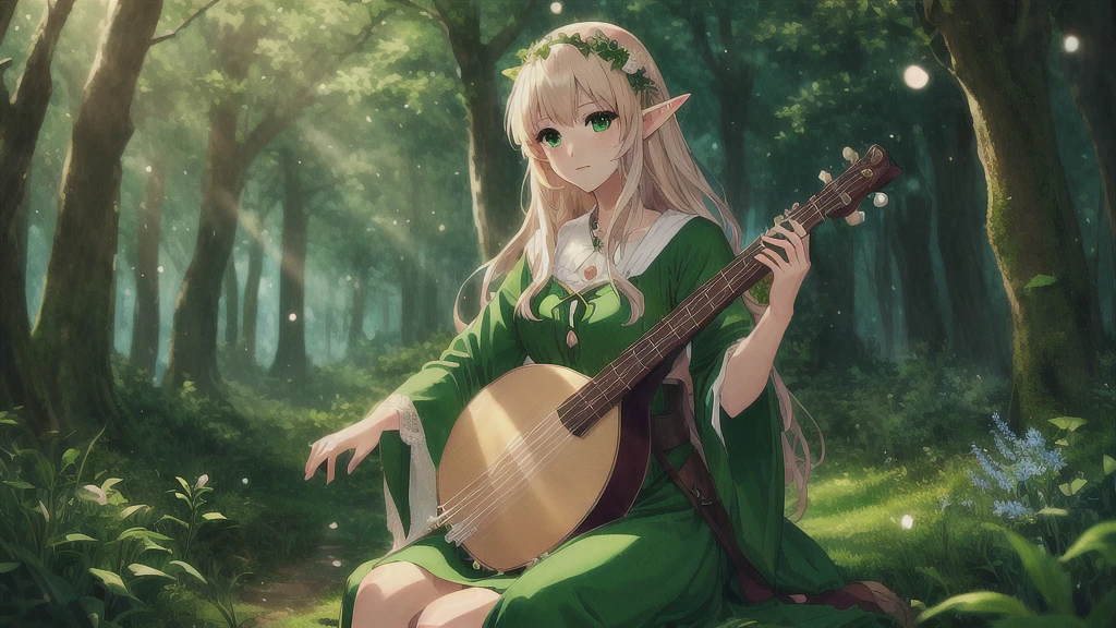 Anime girl playing banjo in the woods, Elven bard of the forest playing the lute, Elf Girl, elf forest background, Anime Rush John 8k Woods, Elf Princess, beautiful wood elf, forest soul, Fantasy-style anime, anime art wallpaper 4k, anime art wallpaper 4k, Elf Princess, Beautiful anime portraits, Anime Art Wallpapers 8K