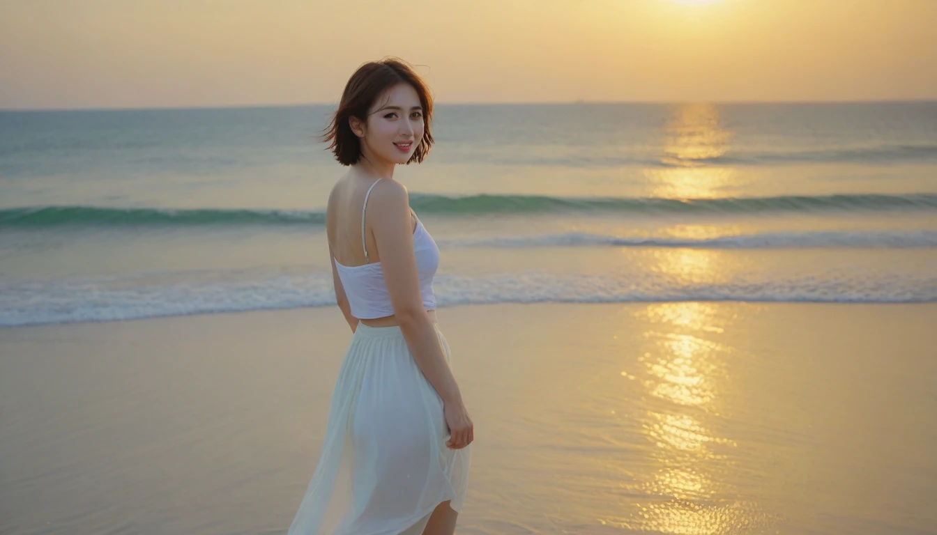Beautiful Korean Woman, Chest size 34 inches, wear a light skirt, Looking at the sea from the beach at sunset. beautiful pretty woman look , wearing a light skirt , soaking feet in sea water, wet,burning sunset light, Short medium hair blowing in the wind, 1 woman, beautiful eyes, A slight smile, uhd