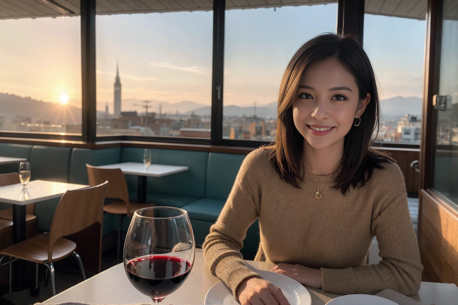 ((Highest quality、8K、masterpiece:1.3))、slimカップル、modelカップル、(Realistic, Intricate details:1.2), full-course dinner、Wine Party、Amazing view of the sunset sky and clouds、A bright smile、The wonderfulness of smile、Bright image、The beauty of wine, Beautiful Face, blue eyes, The light shines on your face, Blushing, short hair,Bright Face、 36 years old, 39 years old, red wine 、Appetizers、Italian food、Wine bottle、Champagne、sparkling wine、Two beauties、Brown Hair、Shortcuts、Long sleeve shirt、dress、Beautiful woman 1, (slimな顔), (The body is slim), (Brown Hair), (Shortcuts), cheeks turn a little red,Attractive beauty、restaurant, In a prominent place (From the waist up) Nova Frog Style, actress, model, Upper Body, White wine, slim, wine glass, 中央に置かれたwine glass, smile, (smile: 1.15), Beautiful fine grain, Depth f/2,saturation, High Contrast, Strong light and shadow,Moist Body:1.5、3D texture、Delicate eyes、Brown Hair、The hair is very shiny、
