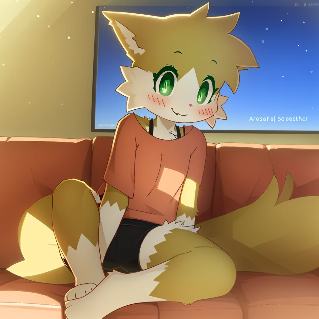 art by dagasi, (solo:1.5), art by dagasi, Uploaded to e621.net, (Pixelsketcher), (wamudraws), (masterpiece), (HD), (high res), solo portrait, (feet visible), (furry anthro), (detailed fur), (detailed shading), (beautiful render art), anthro furry, (light orange fur), fox ears, fluffy tail, snout, (beautiful green cat eyes), [(slim figure, flat chest, skinny)], (curvy hips), (beautiful legs), rolo, furry, small, eyelashes, (kid female:1.5), fluffy, wearing a pink t-shirt, (black bra straps), lycra shorts, Rolo sitting on a sofa, watching TV, legs crossed, cowgirl girl pose, both hands on crotch, in a carefree pose, smiling at the viewer with joy and embarrassment, blushing