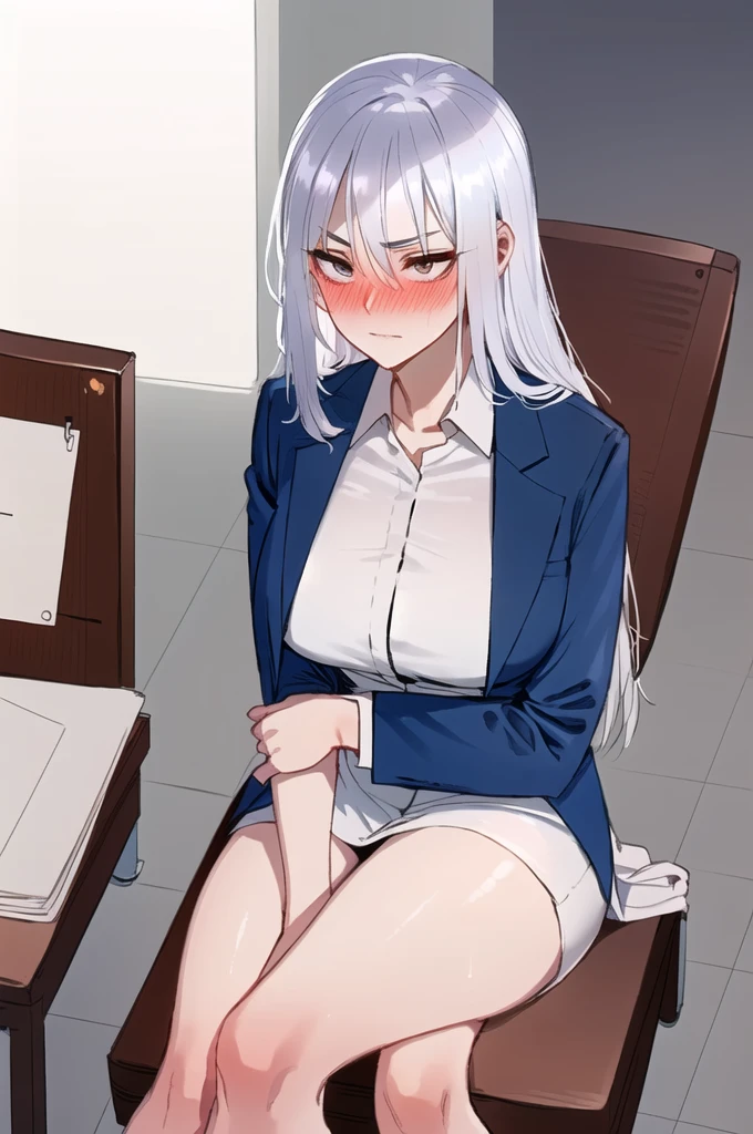 painting (by ratatatat74:1.25), 1girl, solo, (fair skin:1.31), silver hair, office suit, strict, office, arms crossed, on chair, 4K, majestic lighting, looking at camera 