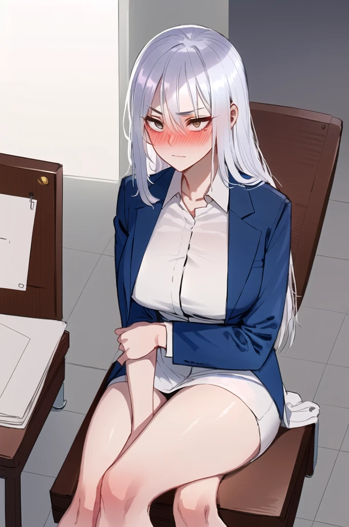 painting (by ratatatat74:1.25), 1girl, solo, (fair skin:1.31), silver hair, office suit, strict, office, arms crossed, on chair, 4K, majestic lighting, looking at camera 