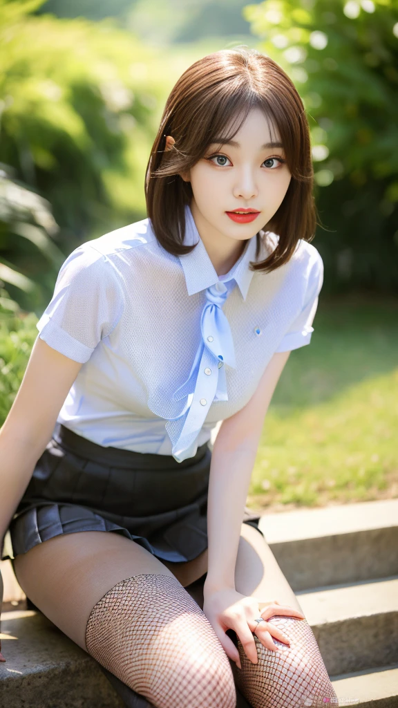 Korean 、summer shirt、Tight shirt、Ribbon Ties、skirt by the、schools、stairs at school、chest lifting pose、Emphasis on the chest、Slender and large、8K raw photos、A high resolution、18-year-old Korean、embarrassing looking、very large round breasts、Beautiful eyes finely detailed、long eyelasher、beautiful double eyelid、eye shadows、eyeline、slender eyes、Elongated eye shape、Sanpaku eyes、beautiful and thin legs、Beautiful slender thighs、Random Shorthair、Tie your hair behind your head、耳Nipple Ring、Light brown hair、(Wear pantyhose)、Hold your knees,short hair, fishnet stocking