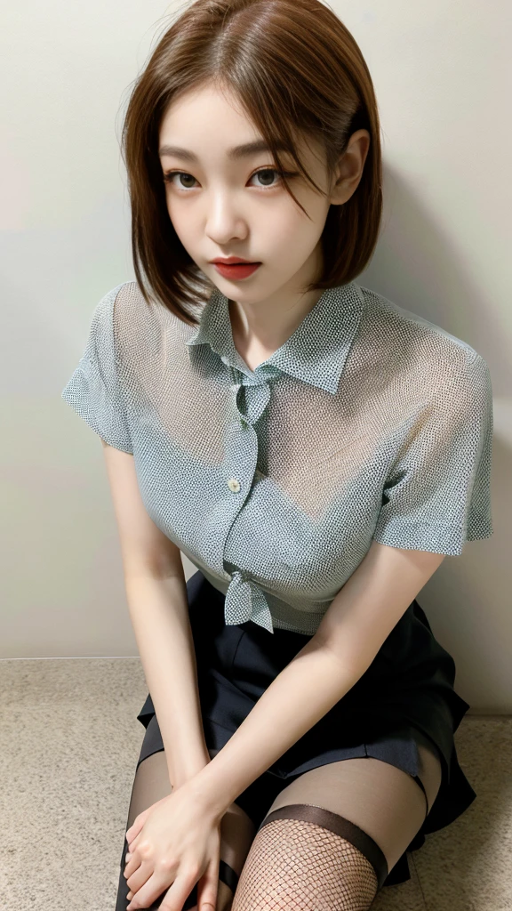 Korean 、summer shirt、Tight shirt、Ribbon Ties、skirt by the、schools、stairs at school、chest lifting pose、Emphasis on the chest、Slender and large、8K raw photos、A high resolution、18-year-old Korean、embarrassing looking、very large round breasts、Beautiful eyes finely detailed、long eyelasher、beautiful double eyelid、eye shadows、eyeline、slender eyes、Elongated eye shape、Sanpaku eyes、beautiful and thin legs、Beautiful slender thighs、Random Shorthair、Tie your hair behind your head、耳Nipple Ring、Light brown hair、(Wear pantyhose)、Hold your knees,short hair, fishnet stocking