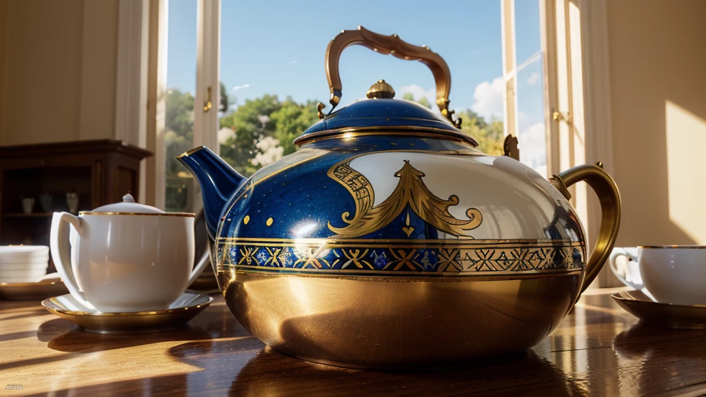 The hourglass shape of the teapot is a work of art, baroque style, glossy shiny vibrant golden colour, blue sapphire inlay, red pearl and  rubies,  aesthetics, realism, beauty sophistication, luxury, professional photo, high detail, high resolution, hyperrealism, hyper-detailed depth of field, filigree rendering, details, 64k, 30mm lens, 1/250s, f/2.8, ISO 100, computer painting