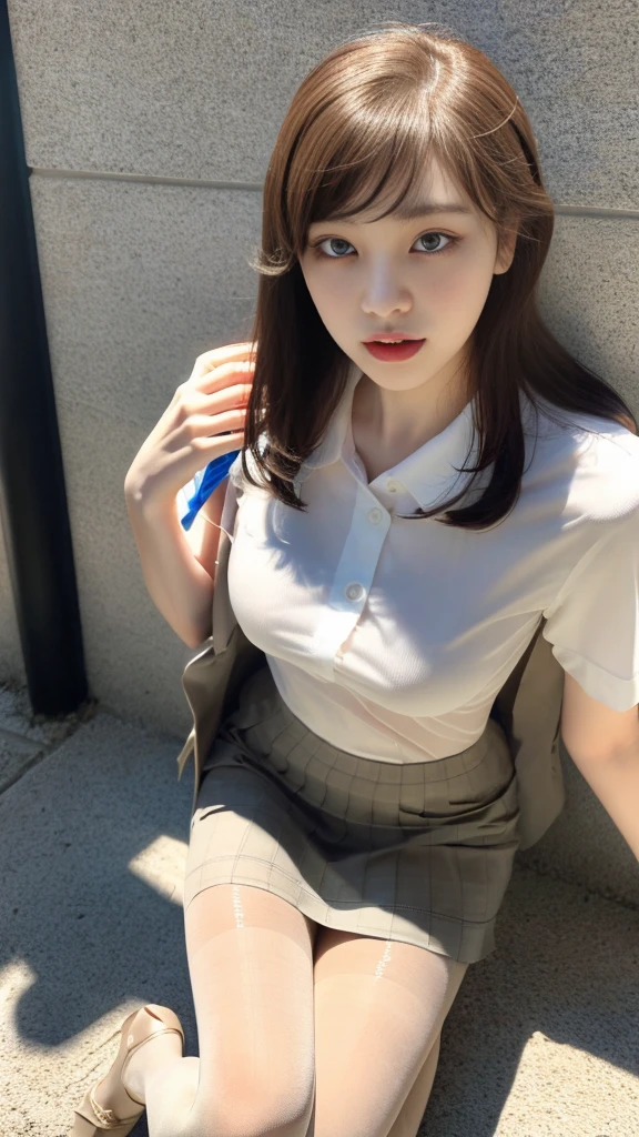 Korean 、summer  shirt、Tight shirt、Ribbon Ties、skirt by the、schools、stairs at school、chest lifting pose、Emphasis on the chest、Slender and large、8K raw photos、A high resolution、18-year-old Korean、embarrassing looking、very large round breasts、Beautiful eyes finely detailed、long eyelasher、beautiful double eyelid、eye shadows、eyeline、slender eyes、Elongated eye shape、Sanpaku eyes、beautiful and thin legs、Beautiful slender thighs、Random Shorthair、Tie your hair behind your head、耳Nipple Ring、Light brown hair、(Wear pantyhose)、Hold your knees，short hair,  fishnet stocking 