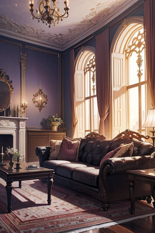 Interior, victorian Manor with reliquies, (((Nigth))), (((moonligth enters the living room))) soft pale orange palette, soft violet secundary exterior ligth