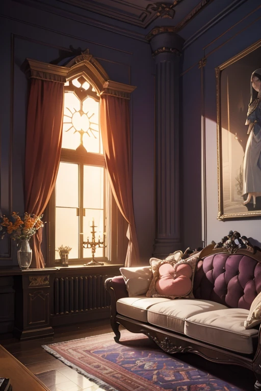 Interior, victorian Manor with reliquies, (((Nigth))), (((moonligth enters the living room))) soft pale orange palette, soft violet secundary exterior ligth 