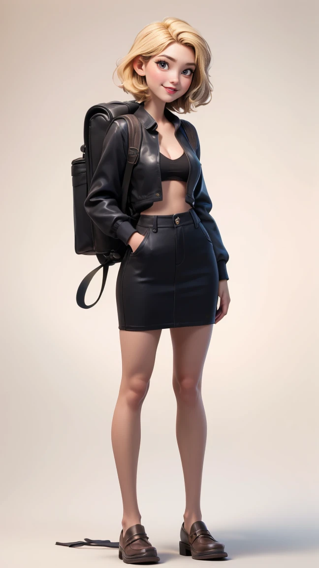 ((masterpiece)),(((Highest quality))),Thin thighs,Long legs,An 18-year-old high school girl naked nipples, and accentuating her cleavage.:1.5,The best smile,Short blonde hair:1.5,short side wave,Carrying a black backpack,Wear black loafers,I'm big-boobs nipples