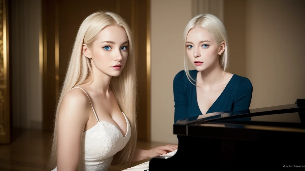 Playing the piano、A beautiful woman standing in a fantastic space, White and gold tight micro dress, 8K, {{masterpiece}}, highest quality, expensive quality:1.4), {{[[Front view}}, eye_Touch,Multiple photo poses)]], Very cute face, and very pretty eyes, Cute Images, Cute Images, {{Half Body}}, {{{{{{{{Long legs}}}}}}}}, {{{{Slim and sexy body}}}}, {{{{{{Tall and expensive woman}}}}}}, {{height: 177cm}}, alone, beautiful, Lovely, adorable, Pale skin, {{18〜22 year old German woman}}, look beautiful German girl and blue eyes or green eyes with platinum blonde hair color), Scandinavian German girl, {{{{{{{{{{Half Girl}}}}}}}}}}, {{{{{{{{{{expensive_all}}}}}}}}}},Large Breasts 、Cleavage