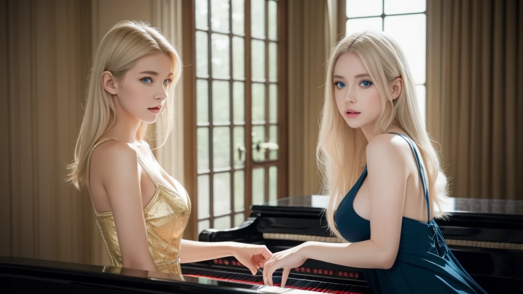 Playing the piano、A beautiful woman standing in a fantastic space, White and gold tight micro dress, 8K, {{masterpiece}}, highest quality, expensive quality:1.4), {{[[Front view}}, eye_Touch,Multiple photo poses)]], Very cute face, and very pretty eyes, Cute Images, Cute Images, {{Half Body}}, {{{{{{{{Long legs}}}}}}}}, {{{{Slim and sexy body}}}}, {{{{{{Tall and expensive woman}}}}}}, {{height: 177cm}}, alone, beautiful, Lovely, adorable, Pale skin, {{18〜22 year old German woman}}, look beautiful German girl and blue eyes or green eyes with platinum blonde hair color), Scandinavian German girl, {{{{{{{{{{Half Girl}}}}}}}}}}, {{{{{{{{{{expensive_all}}}}}}}}}},Large Breasts 、Cleavage