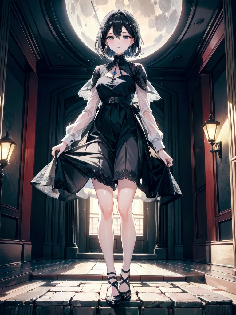absurdres, RAW photo, extremely delicate and beautiful, masterpiece, Best Quality, ultra high resolution, 32k, hyperrealistic, ultra-detailed, in her 20s, delicate facial features, beautiful detailed girl, tearful mole, earring, medium breasts, full body shot, shorter middle hair, black hair, featuring five exorcists, standing in front of an old mansion, under the cold light of the moon,