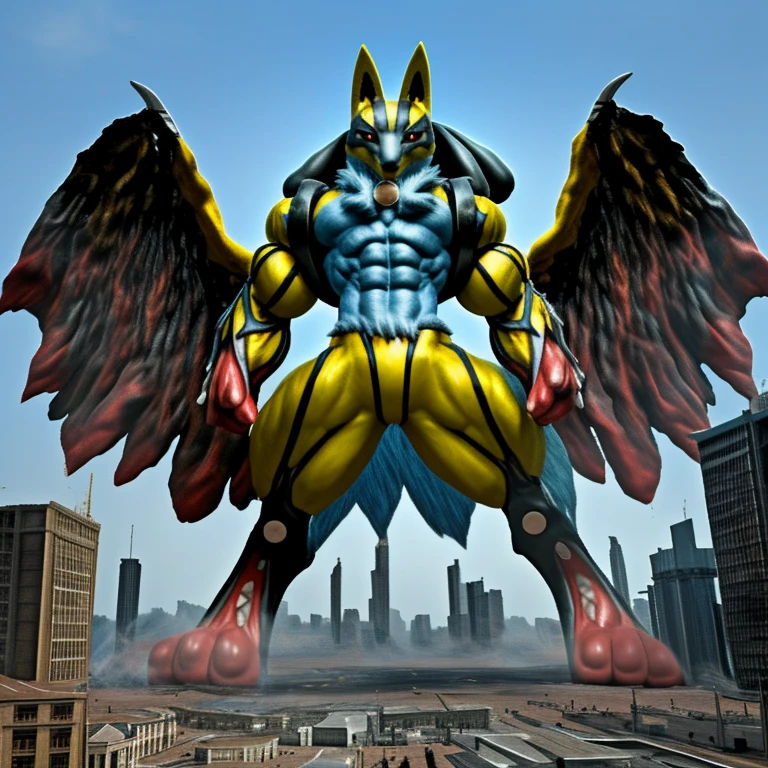 (Solo. masterpiece. official art. 8k. best quality. detailed full body. full body.)
(situation 1 : dominating Shiny_Mega_Lucario. Shiny_Mega_Lucario is over 1000 meters long. focus GIANT mechanical Muscular Shiny_Mega_Lucario is trampling the city. Looking down. macro. stomp. Low-angle perspective. emphasizing the immense size. He is much bigger than a skyscraper. Giga Giants. looking down. foot focus, (soles:1.2))
(situation 2 :smoke and flames rising from the destruction in the city)
(Additional details 2: (Detailed head. Detailed Body. Detailed abs. gigantic muscles. HYPER MUSCLES. Gigachad Muscular. big muscle. pecs. triceps. traps. unusually developed muscular body. body full of huge muscles. showing off muscles. pectorales enormes. Exaggeratedly huge muscles. huge muscles. long legs. abs.).
(Additional details 3: Spread wings. It has wings. have big wings. The claws are sharp. Sharp teeth.).
(Additional details 4: golden hyper penis. hyper golden penis. big penis)