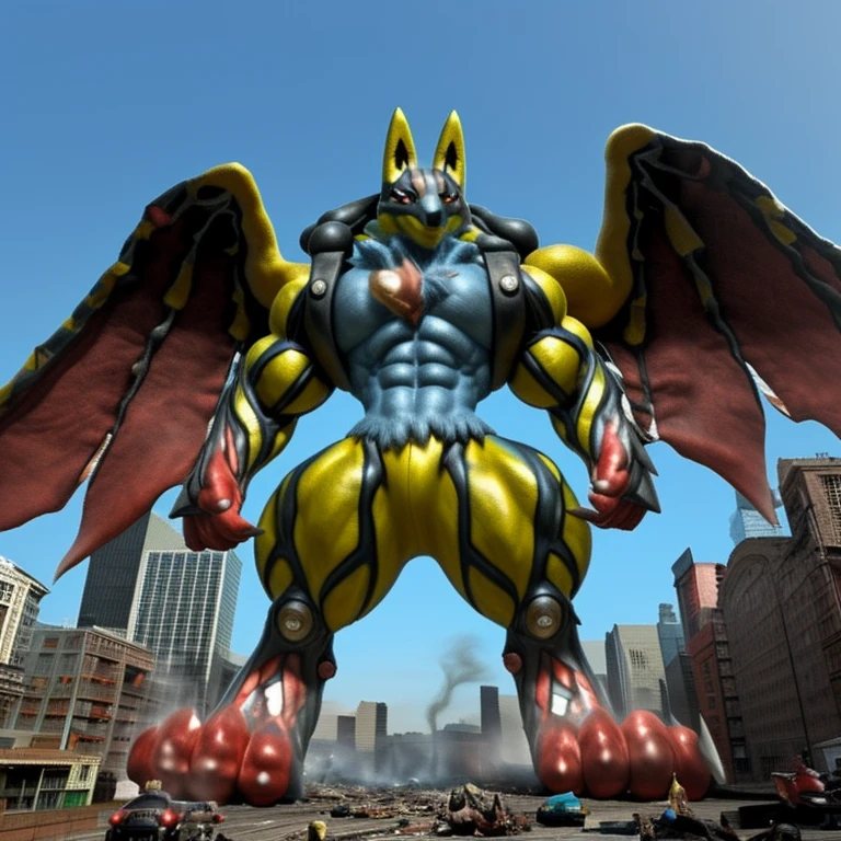 (Solo. masterpiece. official art. 8k. best quality. detailed full body. full body.)
(situation 1 : dominating Shiny_Mega_Lucario. Shiny_Mega_Lucario is over 1000 meters long. focus GIANT mechanical Muscular Shiny_Mega_Lucario is trampling the city. Looking down. macro. stomp. Low-angle perspective. emphasizing the immense size. He is much bigger than a skyscraper. Giga Giants. looking down. foot focus, (soles:1.2))
(situation 2 :smoke and flames rising from the destruction in the city)
(Additional details 2: (Detailed head. Detailed Body. Detailed abs. gigantic muscles. HYPER MUSCLES. Gigachad Muscular. big muscle. pecs. triceps. traps. unusually developed muscular body. body full of huge muscles. showing off muscles. pectorales enormes. Exaggeratedly huge muscles. huge muscles. long legs. abs.).
(Additional details 3: Spread wings. It has wings. have big wings. The claws are sharp. Sharp teeth.).
(Additional details 4: golden hyper penis. hyper golden penis. big penis)