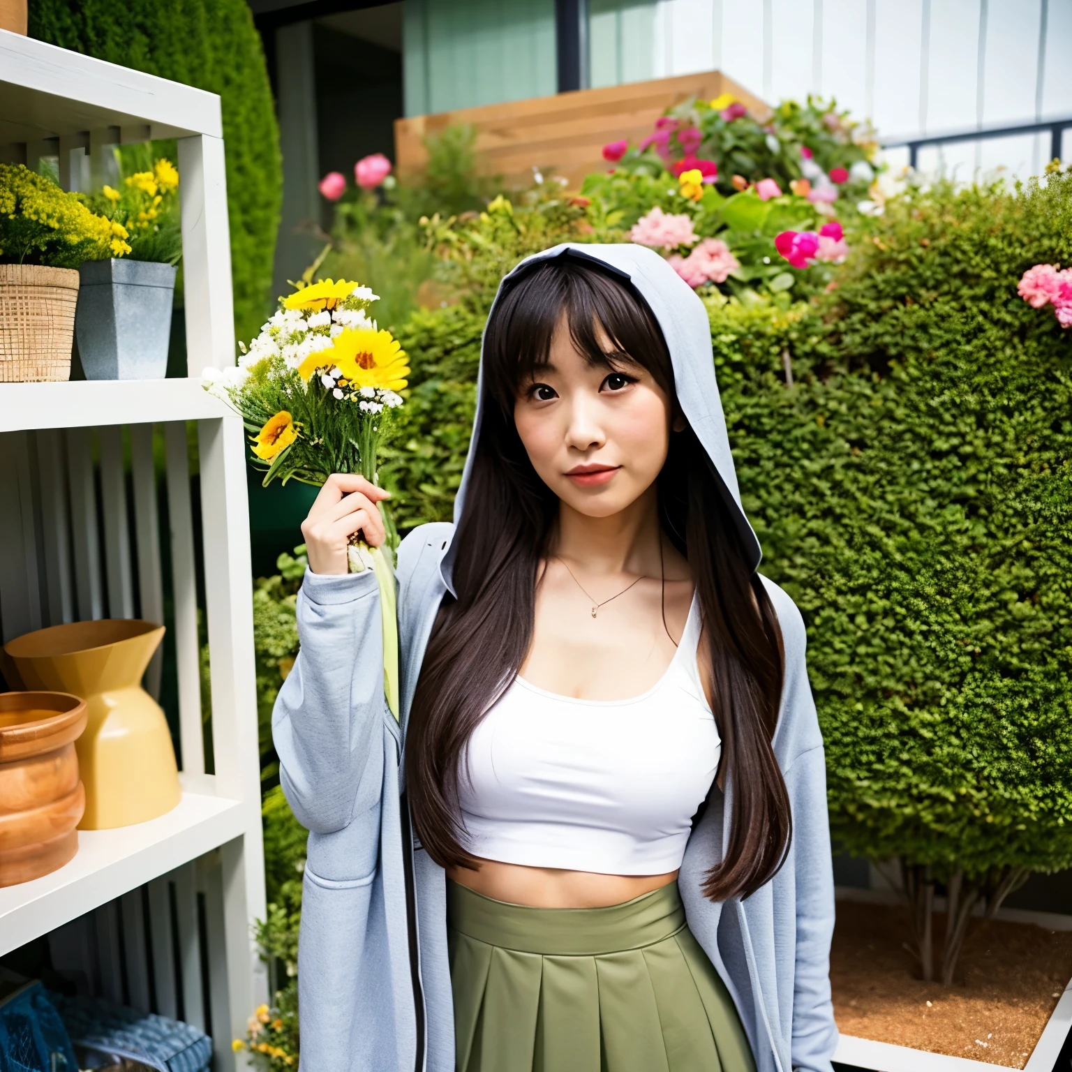 girl Solo, Pretty face, Wearing a hoodie, Wearing a tube top, Wearing a skirt. Wearing high heels, Japanese Model, No makeup, Middle chest, In the florist ,upper body