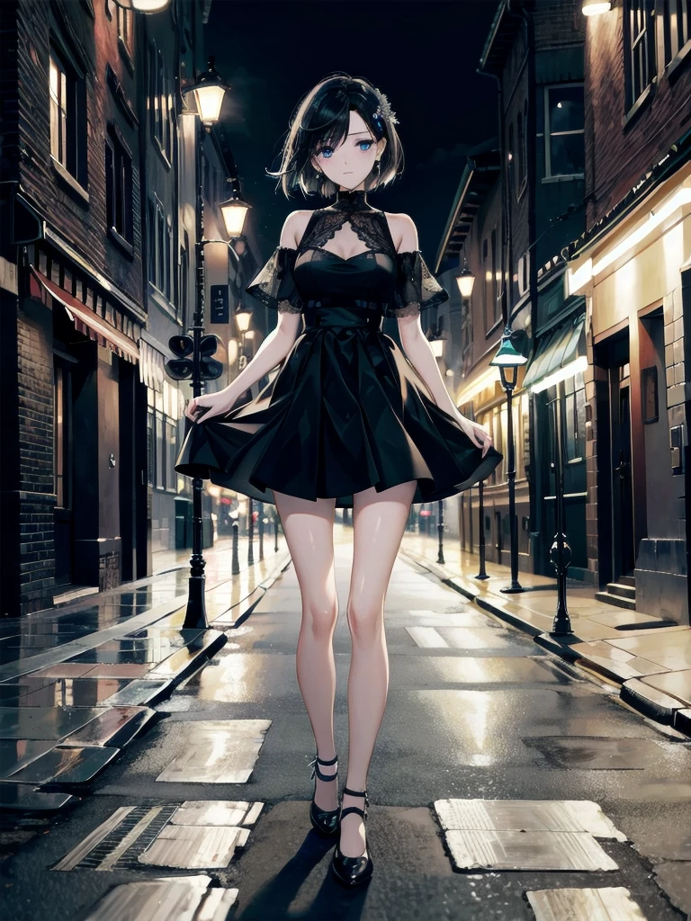 absurdres, RAW photo, extremely delicate and beautiful, masterpiece, Best Quality, ultra high resolution, 32k, hyperrealistic, ultra-detailed, in her 20s, delicate facial features, beautiful detailed girl, tearful mole, earring, medium breasts, full body shot, shorter middle hair, black hair, standing in the middle of a street at night, harsh glow of a street lamp, stark lighting, desolate street,