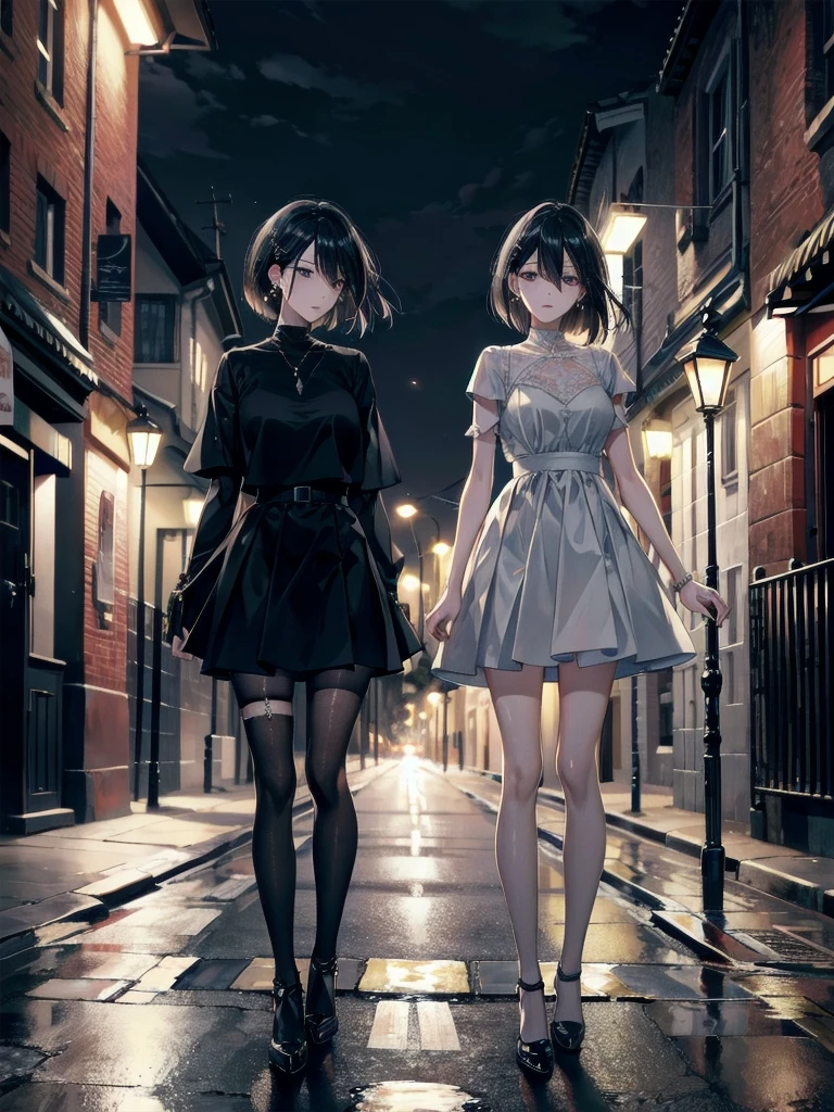 absurdres, RAW photo, extremely delicate and beautiful, masterpiece, Best Quality, ultra high resolution, 32k, hyperrealistic, ultra-detailed, in her 20s, delicate facial features, beautiful detailed girl, tearful mole, earring, medium breasts, full body shot, shorter middle hair, black hair, standing in the middle of a street at night, harsh glow of a street lamp, stark lighting, desolate street, 