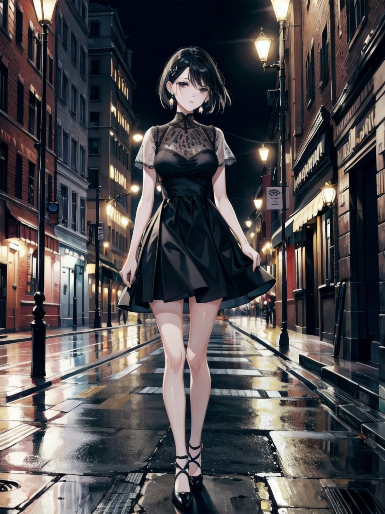 absurdres, RAW photo, extremely delicate and beautiful, masterpiece, Best Quality, ultra high resolution, 32k, hyperrealistic, ultra-detailed, in her 20s, delicate facial features, beautiful detailed girl, tearful mole, earring, medium breasts, full body shot, shorter middle hair, black hair, standing in the middle of a street at night, harsh glow of a street lamp, stark lighting, desolate street,