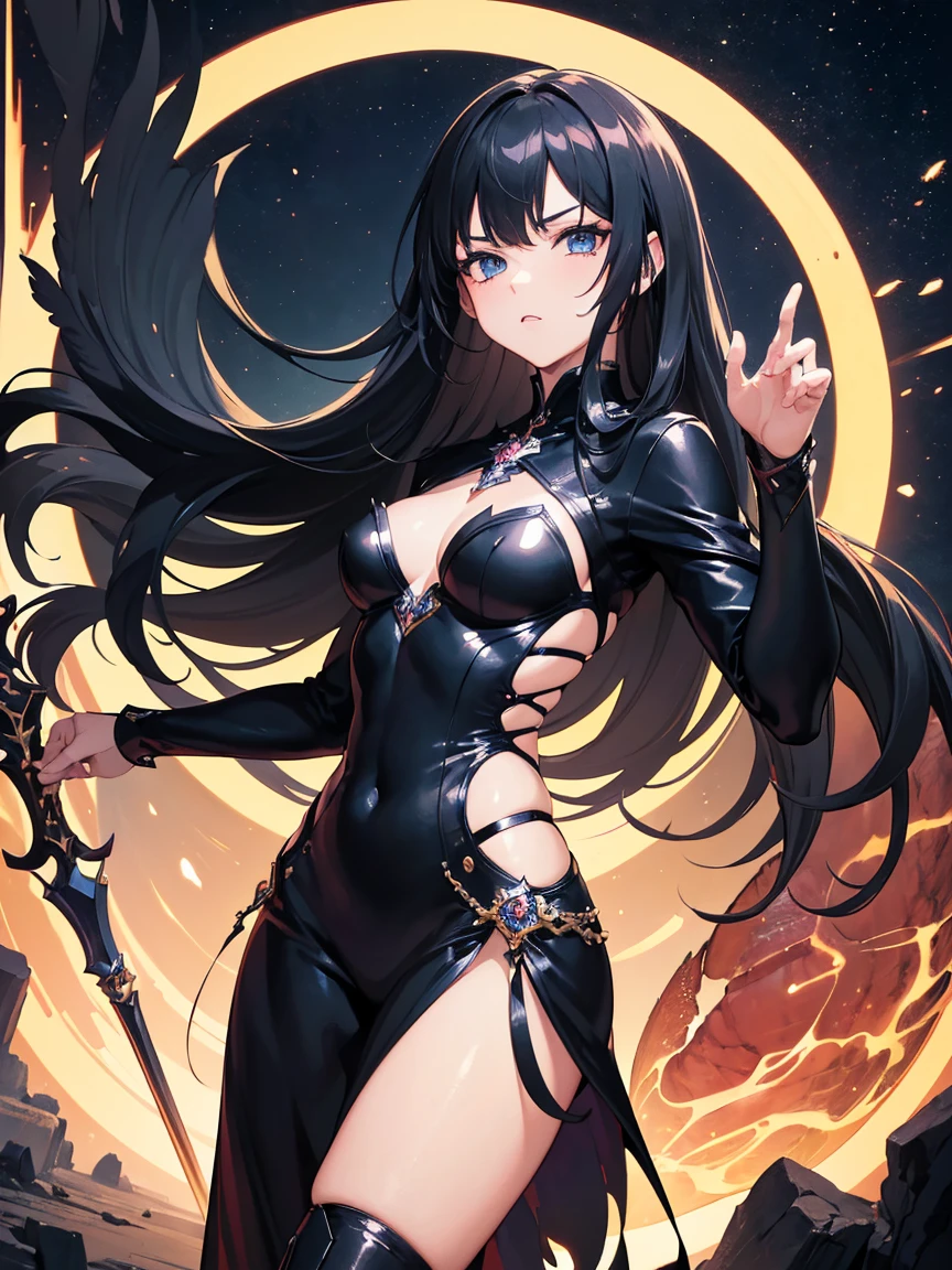 ((Masterpiece)),(Best Quality),(Highest resolution),(8K),(Clean lines),(Perfect Face,Perfect meat),(Official Art), Cowboy Shot,(Magical girl),villain, Black Costume, Small breasts, Long Hair, large black feathers, Night Sky, Mean face