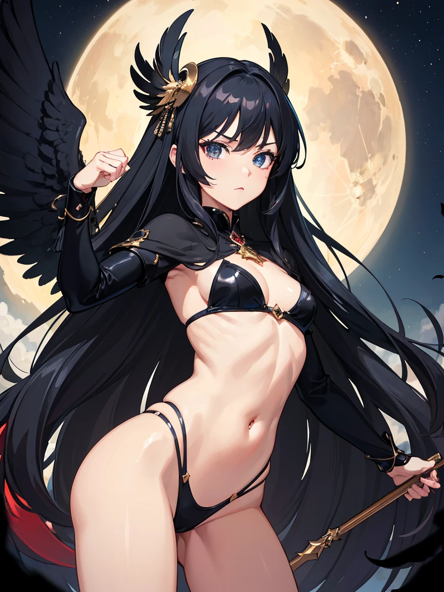 ((Masterpiece)),(Best Quality),(Highest resolution),(8K),(Clean lines),(Perfect Face,Perfect meat),(Official Art), Cowboy Shot,(Magical girl),villain, Black Costume, Small breasts, Long Hair, large black feathers, Night Sky, Mean face
