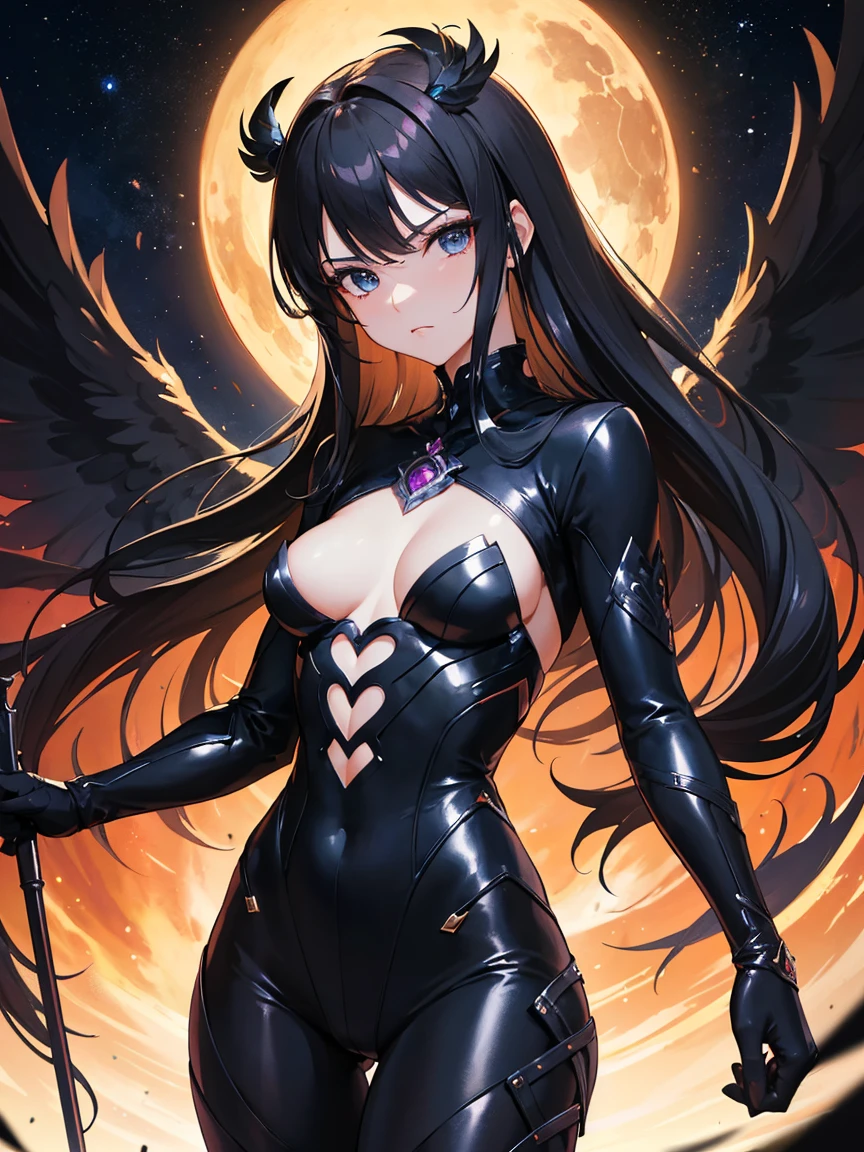 ((Masterpiece)),(Best Quality),(Highest resolution),(8K),(Clean lines),(Perfect Face,Perfect meat),(Official Art), Cowboy Shot,(Magical girl),villain, Black Costume, Small breasts, Long Hair, large black feathers, Night Sky, Mean face
