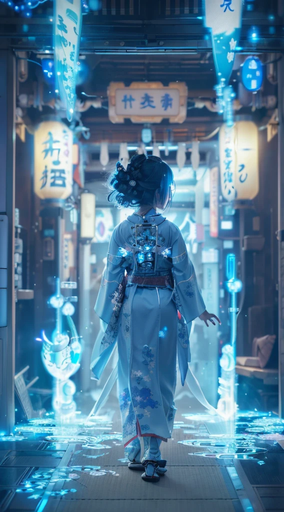 Ultra-detailed, master piece, best quality, high resolution,  detailed eyes, detailed face, (Neo Tokyo:1.5), (Cyberpunk:1.5), (Fusion with Machine:1.5), , very pretty and beautiful, girl with mysterious atmosphere, ghost,  in appearance, graceful in traditional Japanese costume and design, (beautiful light blue eyes:1.5), (light blue plasma around her:1.5), bio-mechanical, traditional Japanese room with elegance, long black hair, bangs, face, hands, design and (light blue plasma surrounds), biomechanical, Japanese traditional noble Japanese room, long black hair, bangs, face, hands, designs and decorations are detailed and clearly drawn, ultra realistic and realistic image with super high resolution