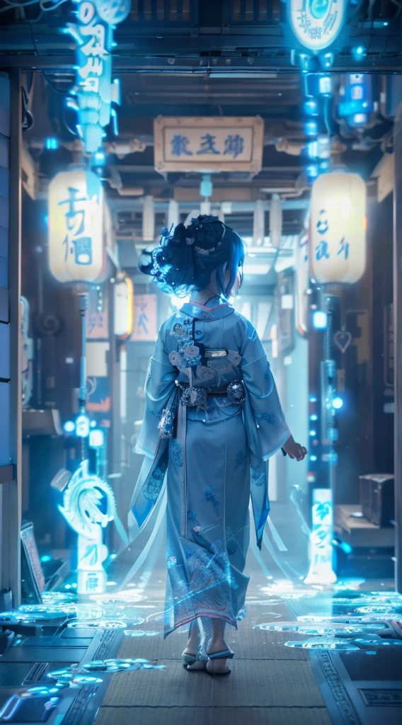 Ultra-detailed, master piece, best quality, high resolution,  detailed eyes, detailed face, (Neo Tokyo:1.5), (Cyberpunk:1.5), (Fusion with Machine:1.5), 12 years old, very pretty and beautiful, girl with mysterious atmosphere, ghost,  in appearance, graceful in traditional Japanese costume and design, (beautiful light blue eyes:1.5), (light blue plasma around her:1.5), bio-mechanical, traditional Japanese room with elegance, long black hair, bangs, face, hands, design and (light blue plasma surrounds), biomechanical, Japanese traditional noble Japanese room, long black hair, bangs, face, hands, designs and decorations are detailed and clearly drawn, ultra realistic and realistic image with super high resolution