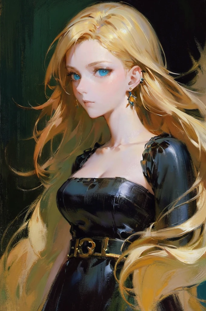 (top-quality、​masterpiece:1.2) 1woman, detailed portraiture art of a character, loose oil paint, thick pain, portrait, video game character art, female, black background background, stunning, perfect artwork, blonde hair, black dress, hair dyed green at the ends, blue eyes, earrings, sexy pose