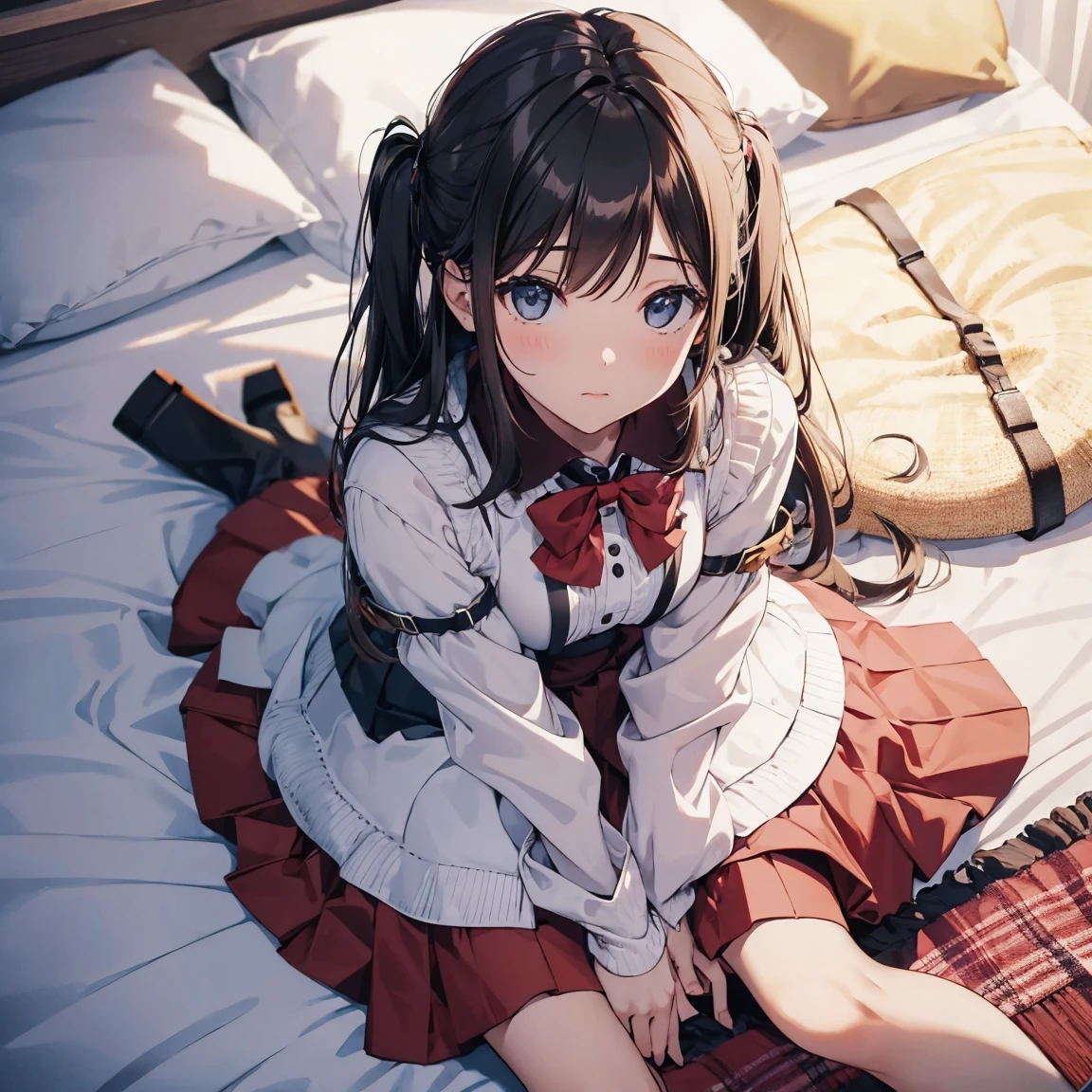 very cute and beautiful girl,(highly detailed beautiful face and eyes:1.2),
smile,blush,(white blouse with detailed frills),long sleeve BREAK
 sitting on white bed sheet,(spread legs,white panties),
dynamic angle,hair ribbon,black hair,(scarlet plaid mini skirt)
 BREAK antique bed room,victorian gorgeous furnitures,detailed background,
(best quality,masterpiece:1.2),(intricate details),extremely detailed,highres,
solo,cinematic scene,hair fluttering in the wind,ultra-detailed,