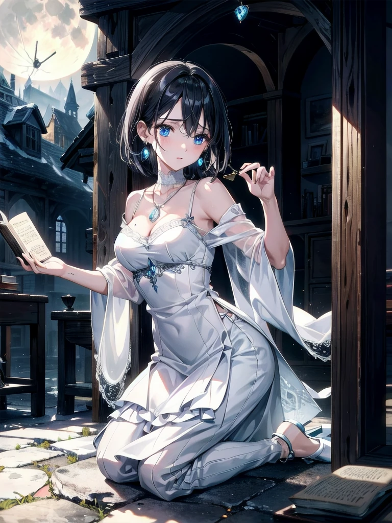 absurdres, RAW photo, extremely delicate and beautiful, masterpiece, Best Quality, ultra high resolution, 32k, hyperrealistic, ultra-detailed, in her 20s, delicate facial features, beautiful detailed girl, tearful mole, earring, medium breasts, full body shot, shorter middle hair, black hair, rustic village under the soft, eerie glow of the moon. holding an ancient book, subtly glowing pendant, Gothic letters.
