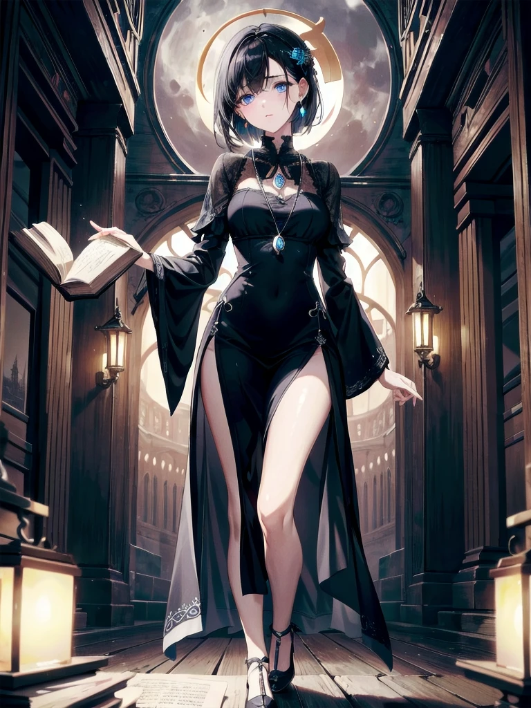 absurdres, RAW photo, extremely delicate and beautiful, masterpiece, Best Quality, ultra high resolution, 32k, hyperrealistic, ultra-detailed, in her 20s, delicate facial features, beautiful detailed girl, tearful mole, earring, medium breasts, full body shot, shorter middle hair, black hair, rustic village under the soft, eerie glow of the moon. holding an ancient book, subtly glowing pendant, Gothic letters.