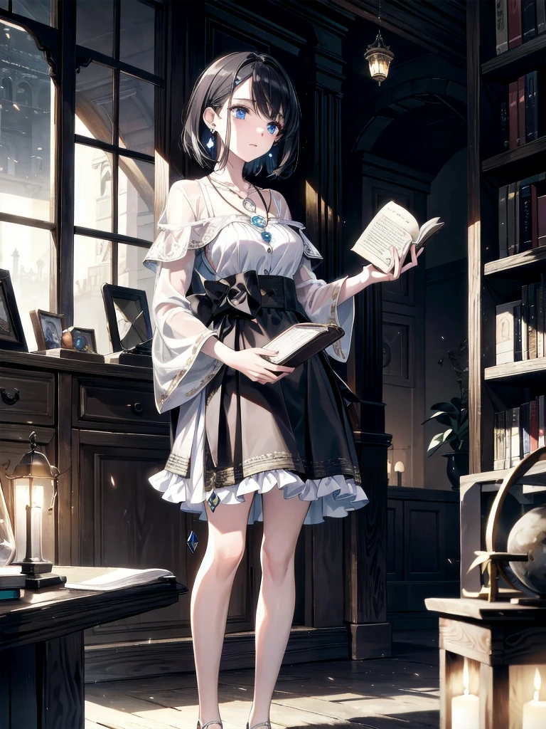 absurdres, RAW photo, extremely delicate and beautiful, masterpiece, Best Quality, ultra high resolution, 32k, hyperrealistic, ultra-detailed, in her 20s, delicate facial features, beautiful detailed girl, tearful mole, earring, , full body shot, shorter middle hair, black hair, rustic village under the soft, eerie glow of the moon. holding an ancient book, subtly glowing pendant, Gothic letters. 