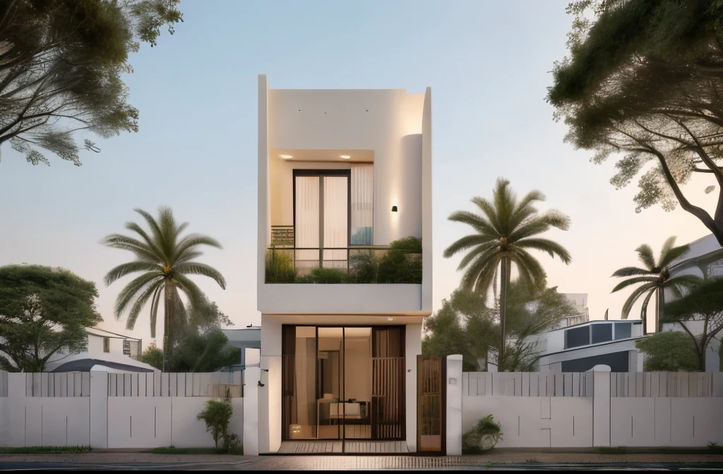 (Townhouse in city ,close houses and trees), daylight ( best quality) ((high solution)) ,(( photo realistic)) ,warm light, (sharp focus) front view of townhouse in style of modern,small house, Narrow area,VietNam,facade, curved arch,beautiful facade,curved windown,narrow and long ,two-storey,mutual colours, soft lighting, warm atmosphere,high Resolution, hyper detailed,4k ,vray render, octane render, hyper realistic, photography expert ,exterior design , professional photography, exterior photography,wide-angle shot , ultra detail , high Resolution , full frame, full body