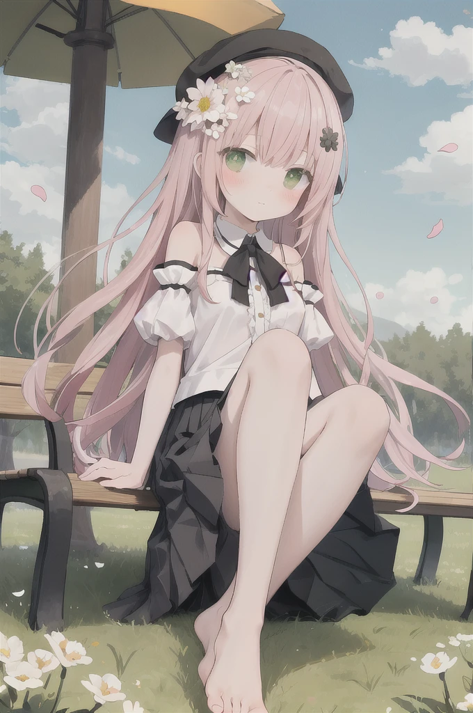 1girl,solo,long hair,outdoors,feet,barefoot,flower,sitting,hair flower,white flower,tree,hair ornament,hat,soles,toes,looking at viewer,black headwear,very long hair,skirt,bangs,day,closed mouth,bare shoulders,black skirt,blush,pink hair,shoes,green eyes,sky,white shirt,shirt,short sleeves,legs,bare legs,petals,frills,detached sleeves,grass,shoes removed,bench,frilled skirt,foot focus,