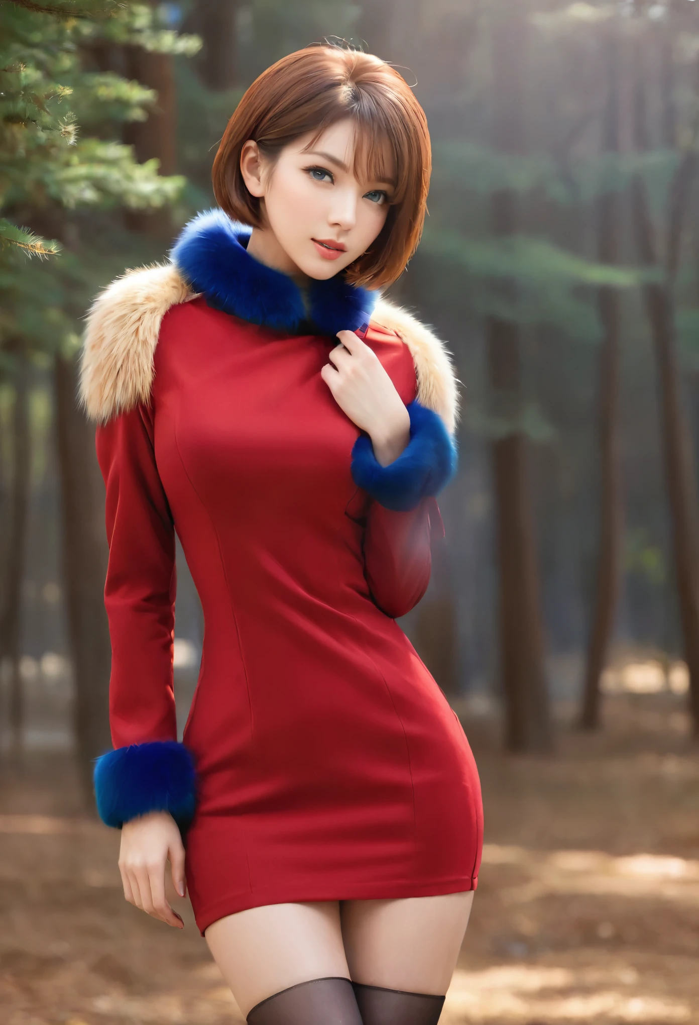 (Cute - Pony), (score_10, Score_9_up, Score_9, Score_8_up, Score_7_up, Score_6, Score_5, Score_4, photorealistic), perfect clean face, blue eyes, (red half-open lips), (dynamic angle), (dynamic pose), ( best quality, masterpiece, high resolution, photorealism), (amazing background:1.1, wooded area), (sharp focus: 1.1), (athletic slim body), fine line work, glowing skin, (shiny hair: 1.1), (short bob hair, seniza hair with golden-copper tips), mole below the mouth (short fitted red bright dress with taut collar), (coat on the floor: 1.1), (bare shoulders, fur trim on the hand), (tight skin), (black thighs: light and stockings), standing looking at viewer full body photo, raw, raw