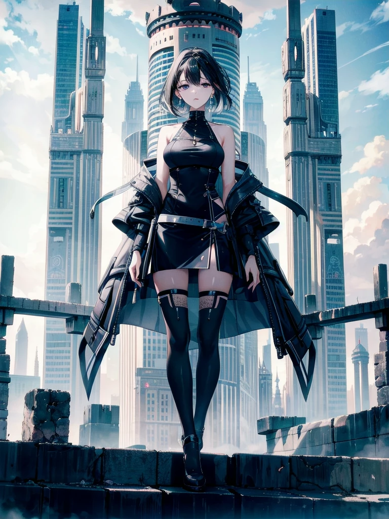 absurdres, RAW photo, extremely delicate and beautiful, masterpiece, Best Quality, ultra high resolution, 32k, hyperrealistic, ultra-detailed, in her 20s, delicate facial features, beautiful detailed girl, tearful mole, earring, medium breasts, full body shot, shorter middle hair, black hair, futuristic city standing tall in the midst of a desolate desert. beacon of advanced civilization, with high-tech buildings, floating vehicles, digital billboards,