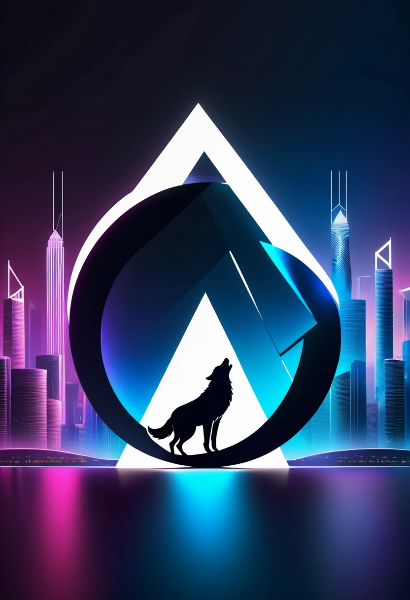 Create a minimalist logo combining a wolf and the letter A, smooth and elegant lines, contemporary design, set against a futuristic cityscape, bold and dynamic atmosphere, Photography, shot with a Canon EOS R5 using a 50mm lens