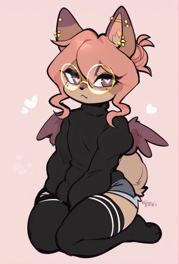 (score_9, score_8_up), score_7_up, score_6_up, score_5_up, score_4_up, Hazel Typh, 1boy, best quality, furry, brown fur, pink hair, animal ears, gold piercing, heart-shaped pupils, animal nose, pink eyes, hair bun, tail, wings, expressionless, closed mouth, fang, black dress, puffy sleeves, kneeling, on knees, pink background, looking at viewer, gold glasses, round glasses, beautiful and detailed, man (((Male))) ((anthro)) cat, (Averi, cat boy), by waspsalad, by phluks, by zero-sum, cat, (anthro, fluffy fur, character focus:1.1), 1boy, anthro cat boy, body fur, nice, cute, digital drawing, (half-closed eyes), big eyes, sweater, short shorts, thigh highs, stockings, (hi res), ((masterpiece)), ((best quality)), Cat, male cat, femboy furry, clean sketch, anthropomorphic cat, fursona, sharp teeth, big ears, smooth hair, smooth fur, long eyelashes, makeup, thin, chubby face, flat chest, male, femboy, fluffy paw, cute cat, simple, sketch, cheat scars, boob removal scars, top surgery.