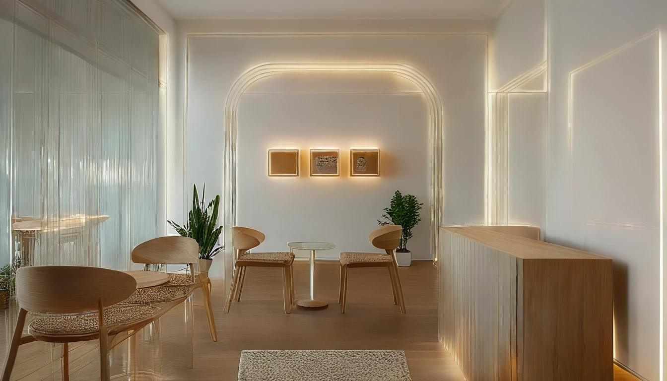 Minimalist Muji-style cafe-bar-living room, neutral color palette, natural materials, soft lighting, low-profile white couch, wooden chair, natural wood coffee table, indoor plants, minimalist wall art, woven rug, natural light, tranquility, functionality, harmonious blend
The scene is enhanced by a shallow depth of field, with the focus on the detailed table setting and a bokeh background, creating a serene and sophisticated ambiance. ((8k)), high quality detail, cozy and elegant environment, artistic and inviting.
depth of field camera, 50mm, ((8k)), high quality detail, soothing and elegant ambiance. , ((8k)), ((UHD)), 8k, high quality detail, realistic photo, luxurious, beautiful, modern, soothing, cozy, peaceful, cottagecore