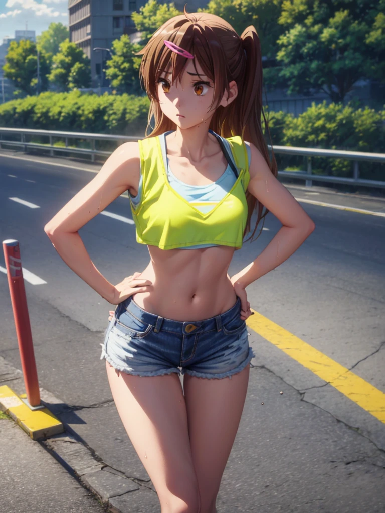 Girl, short blue jeans short, safety Reflective vest, You can see her breasts, Road works background , openlegs, Bare chest, small breast, slim body, slim legs, wet body, Sneakers