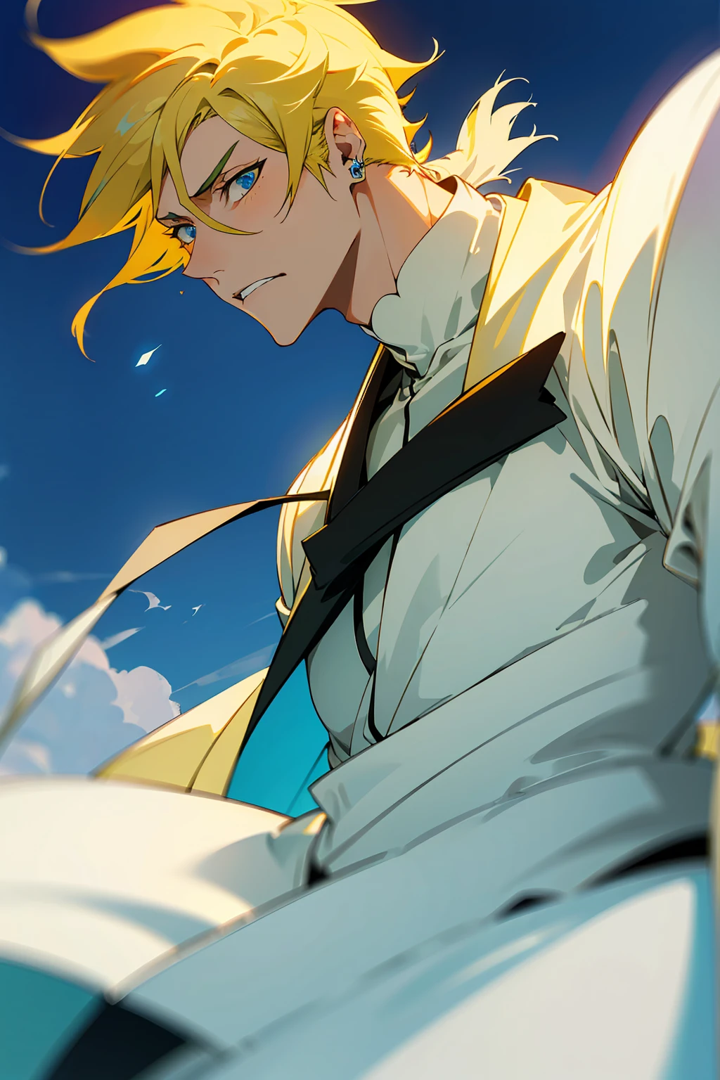 1male, Young Adult, Short Hair, YellowColored Hair, Black Highlights, Two Toned Hair, Sky Blue Eyes, Bleach, Hueco Mundo, Arrancar Clothing, Sunny, Muscular, White Coat, Detailed Eyes, Wavy Hair, Earring, Slicked Back Hair