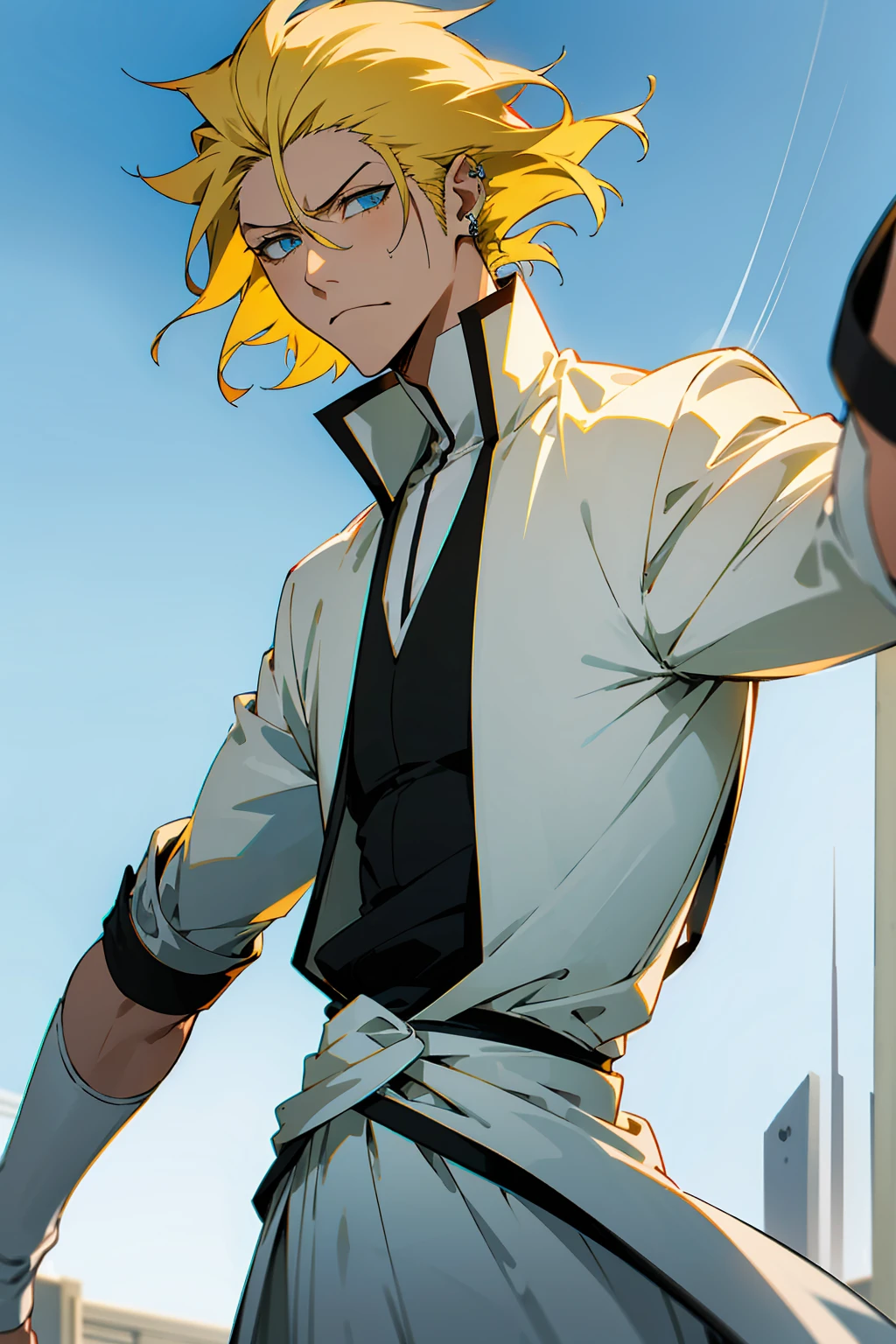 1male, Young Adult, Short Hair, YellowColored Hair, Black Highlights, Two Toned Hair, Sky Blue Eyes, Bleach, Hueco Mundo, Arrancar Clothing, Sunny, Muscular, White Coat, Detailed Eyes, Wavy Hair, Earring, Slicked Back Hair