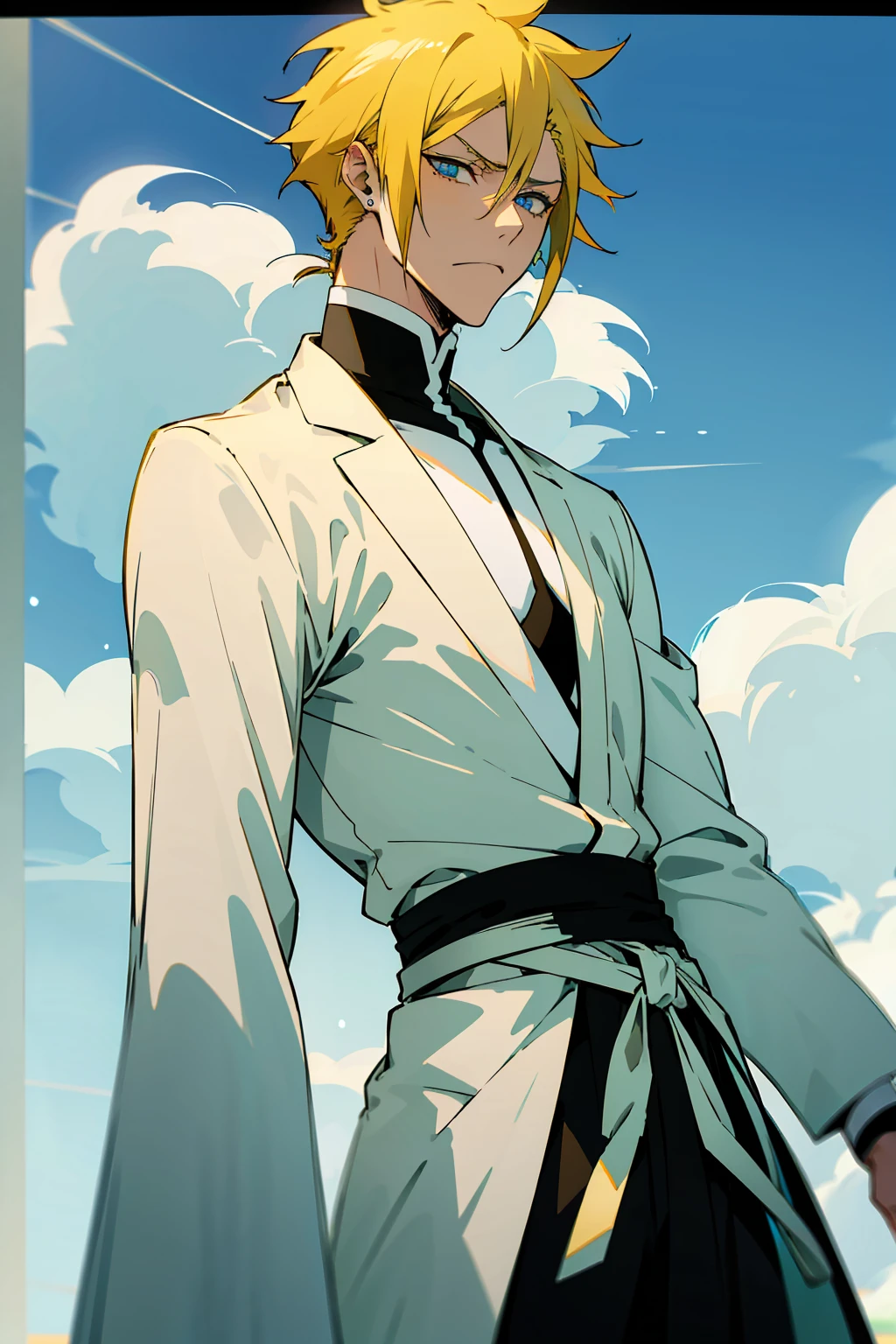 1male, Young Adult, Short Hair, YellowColored Hair, Black Highlights, Two Toned Hair, Sky Blue Eyes, Bleach, Hueco Mundo, Arrancar Clothing, Sunny, Muscular, White Coat, Detailed Eyes, Wavy Hair, Earring, Slicked Back Hair