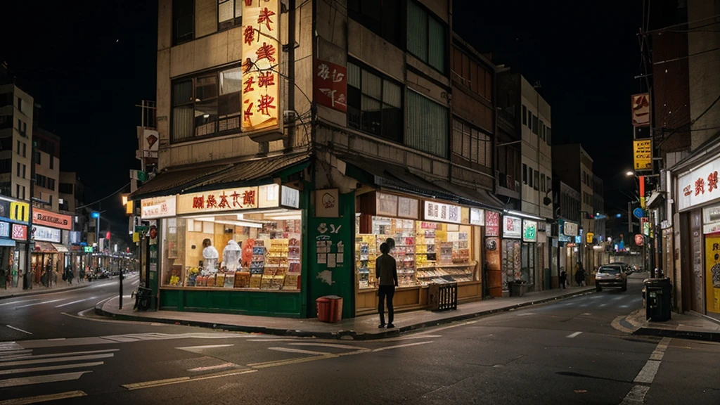 Asian inner city street corner with a store, simple, surreal evening 
