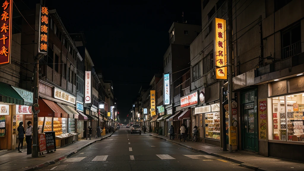 Asian inner city street corner with a store, simple, surreal evening