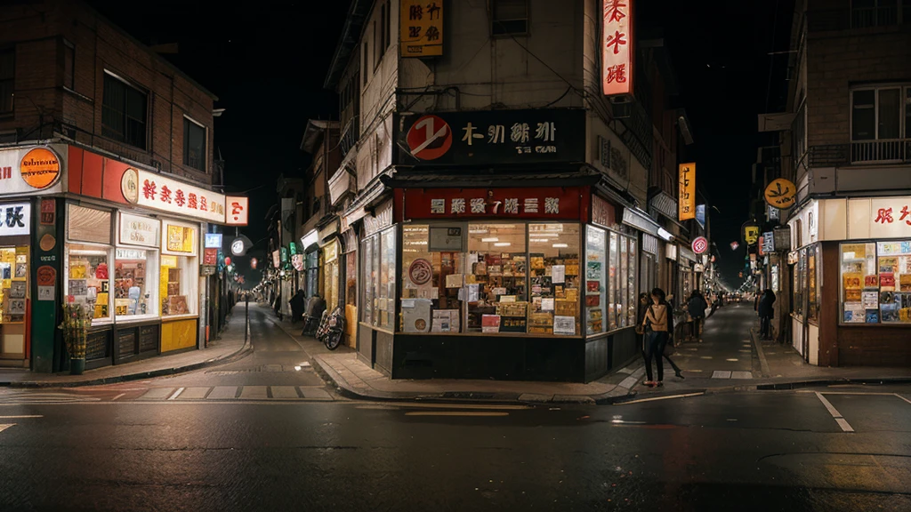 Asian inner city street corner with a store, simple, surreal evening 