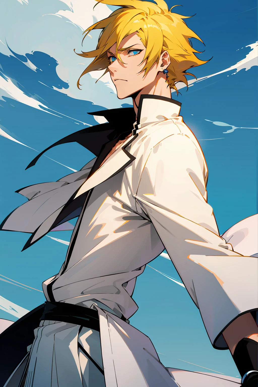 1male, Young Adult, Short Hair, YellowColored Hair, Black Highlights, Two Toned Hair, Sky Blue Eyes, Bleach, Hueco Mundo, Arrancar Clothing, Sunny, Muscular, White Coat, Detailed Eyes, Wavy Hair, Earring, Slicked Back Hair