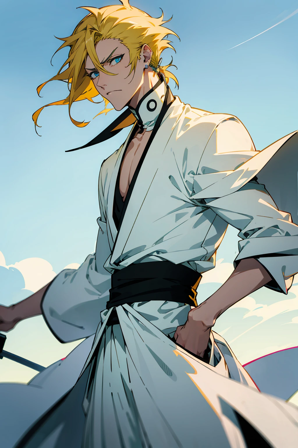 1male, Young Adult, Short Hair, YellowColored Hair, Black Highlights, Two Toned Hair, Sky Blue Eyes, Bleach, Hueco Mundo, Arrancar Clothing, Sunny, Muscular, White Coat, Detailed Eyes, Wavy Hair, Earring, Slicked Back Hair